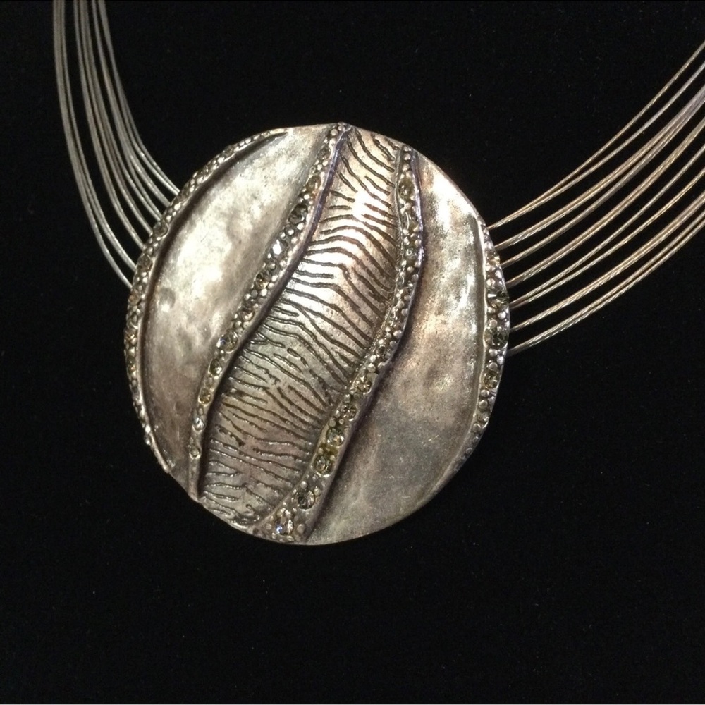 CHICO’S. Multi strand wire necklace with Rhinestones on Silver Pendant
